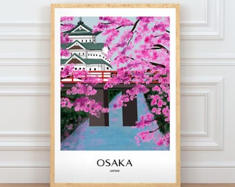 Sztuka ścienna Osaka, ręcznie rysowany zamek i drzewo sakury, plakat podróżniczy do Japonii, ilustracja miasta kwitnącej wiśni