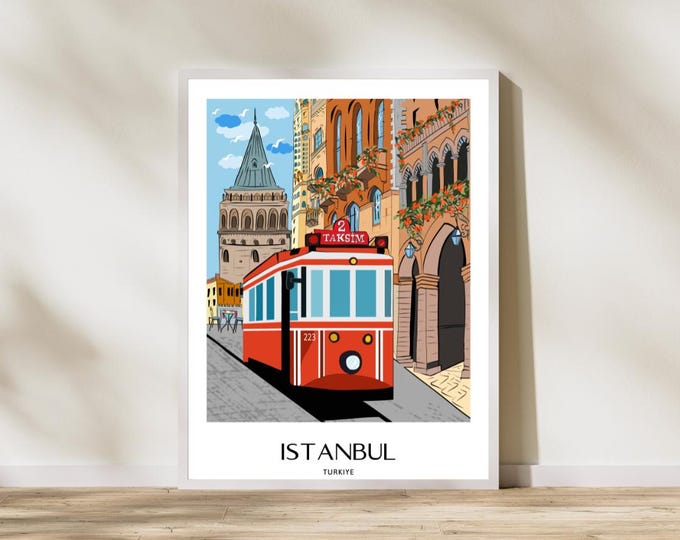 Istanbul Tram Printable, Taksim Galata Tower Travel Poster, Digital Wall Art, Hand Drawn Illustration
