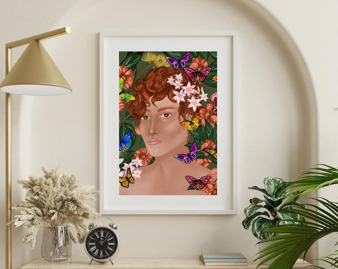 Butterfly Male Portrait Printable, Ethereal Floral Wall Art, Hand-Drawn Digital Download