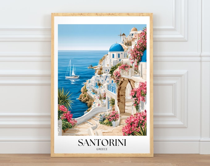 Santorini Greece Travel Poster, Iconic City Wall Art, Island Architecture Illustration, Home Decor Digital Download