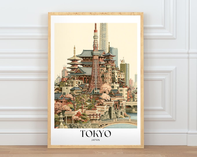 Tokyo Japan Travel Poster, Iconic City Wall Art, Asian Architecture Illustration, Home Decor Digital Download