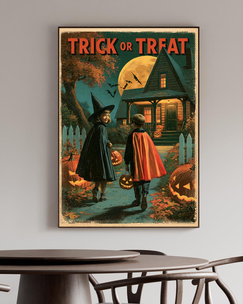 Vintage Halloween Poster, Trick or Treat Printable, Retro Jack O Lantern Wall Art, Halloween Decor bild 3