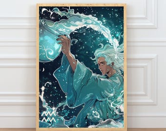 Aquarius Zodiac Wall Art Print, Astrology Poster with Water Bearer, Horoscope Star Sign Artwork