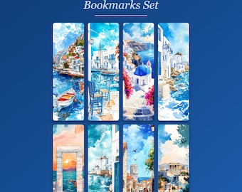 Mediterrane Lesezeichen zum Ausdrucken, 8er-Set, Griechenland, blau-weiße Lesezeichen, Santorini, Geschenk für Bücherliebhaber