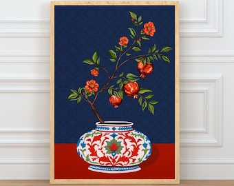 Pomegranate Botanical Print | Floral Vase Wall Art | Hand Drawn Printable Decor