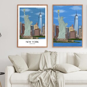New York Wall Art, Hand Drawn NYC Skyline and Statue of Liberty Print, New York City Travel Poster imagen 7