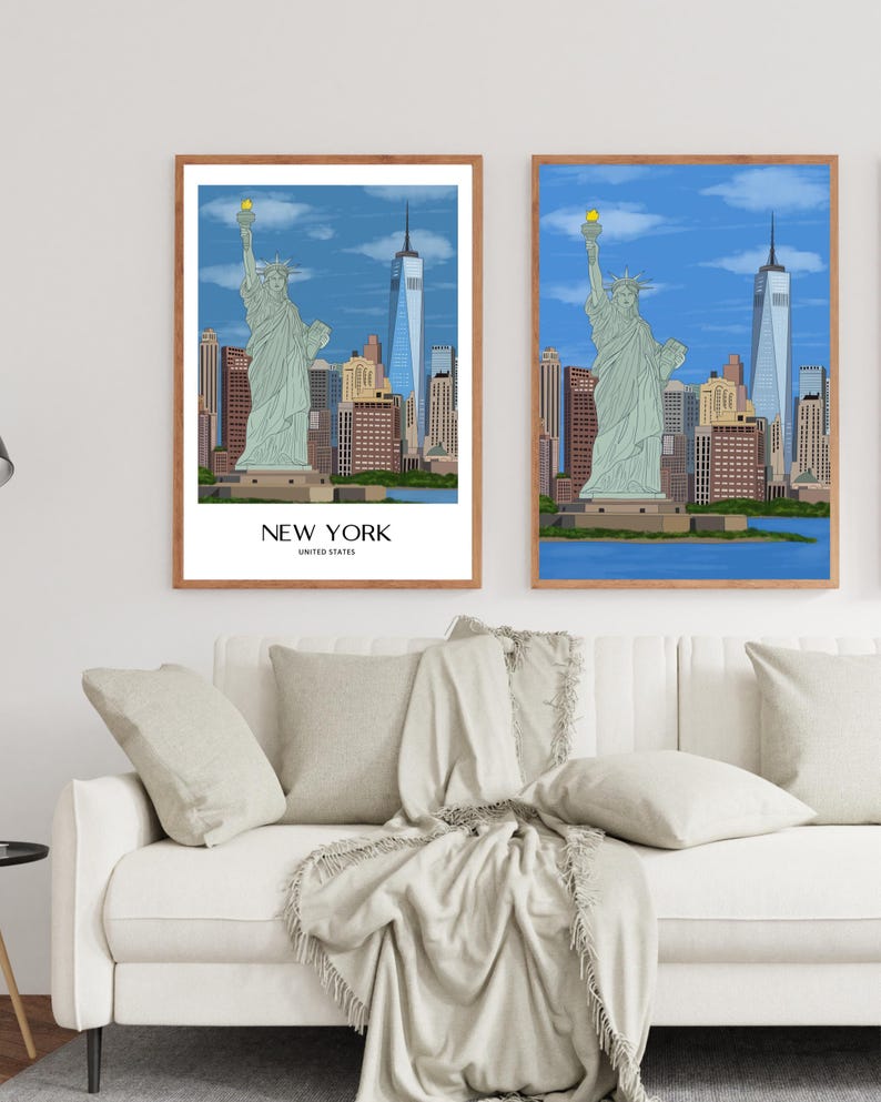 New York Wall Art, Hand Drawn NYC Skyline and Statue of Liberty Print, New York City Travel Poster imagen 7