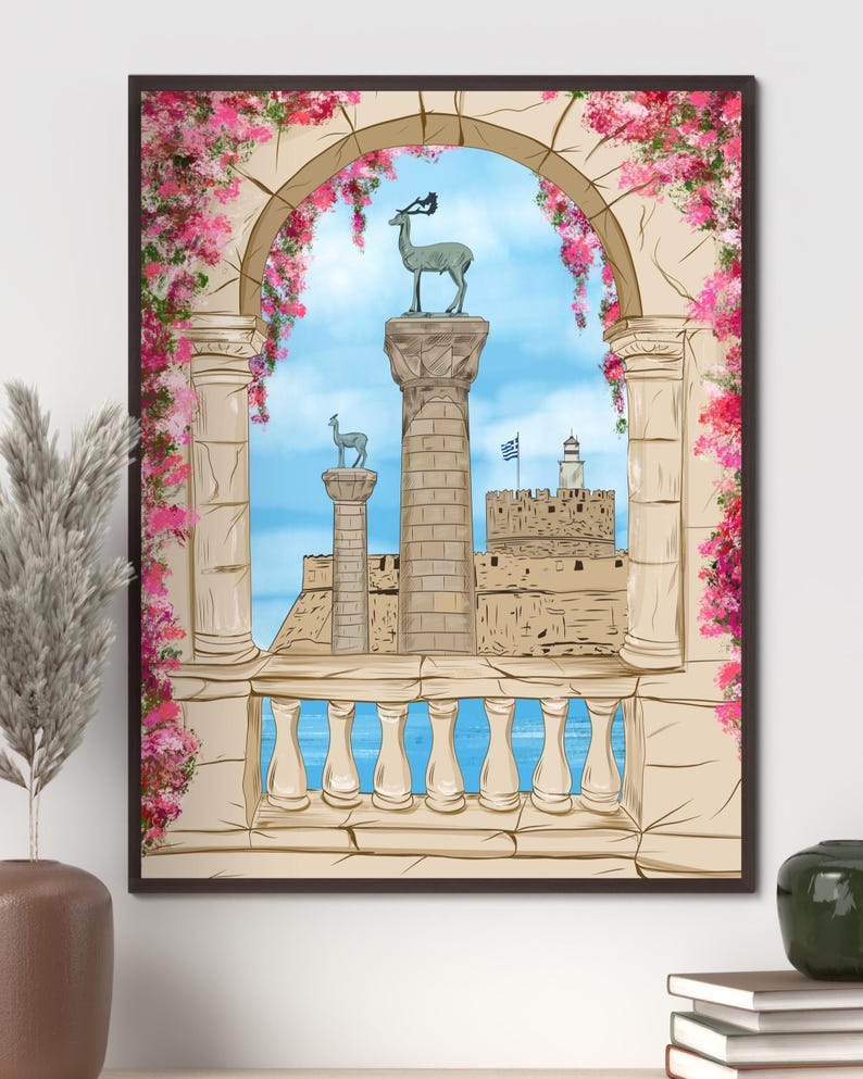 Plakat ścienny Rodos, ręcznie rysowany wydruk greckiej wyspy, plakat podróżniczy do Grecji, wystrój wybrzeża Morza Śródziemnego zdjęcie 11
