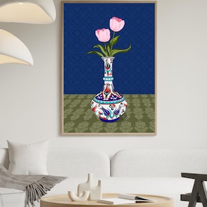 Pink Tulip Wall Art, Hand Drawn Ottoman Vase Print, Turkish Floral Illustration, Maximalist Flower Art image 10