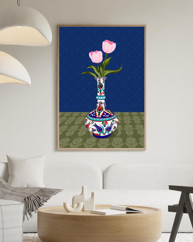 Pink Tulip Wall Art, Hand Drawn Ottoman Vase Print, Turkish Floral Illustration, Maximalist Flower Art image 10