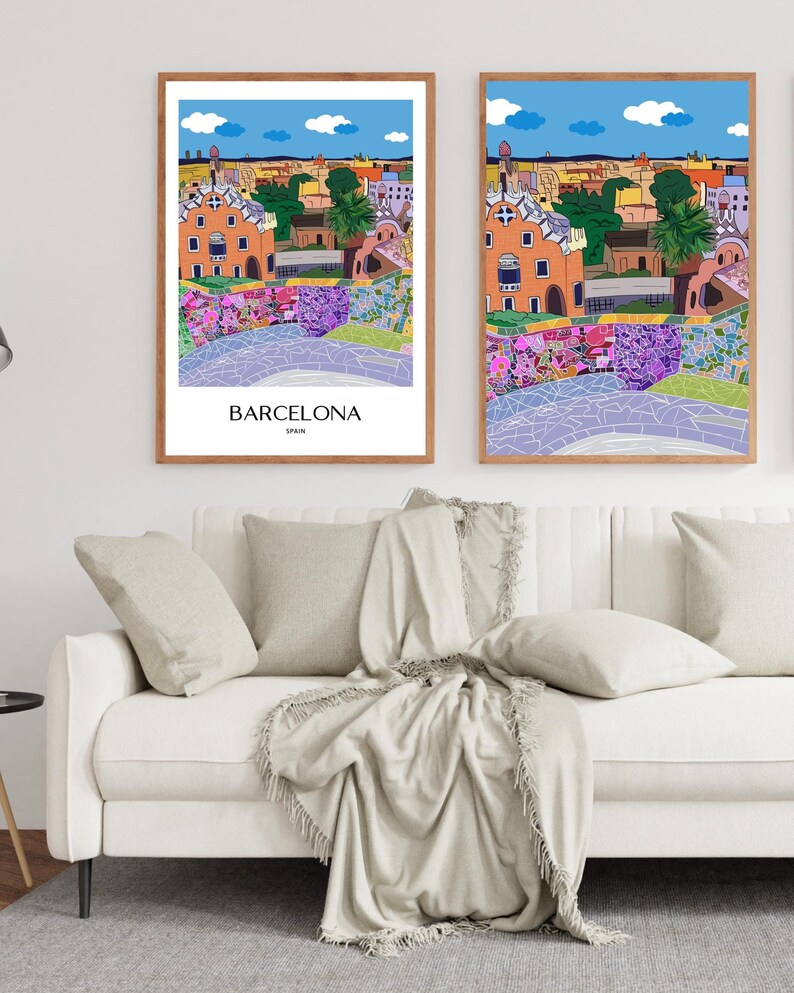 Barcelona Wall Art, Hand Drawn Park Guell Print, Gaudi Architecture, Spain Travel Poster bild 4
