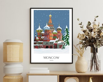 Hand Drawn Moscow Winter Art, City Travel Poster, St Basil Cathedral Print