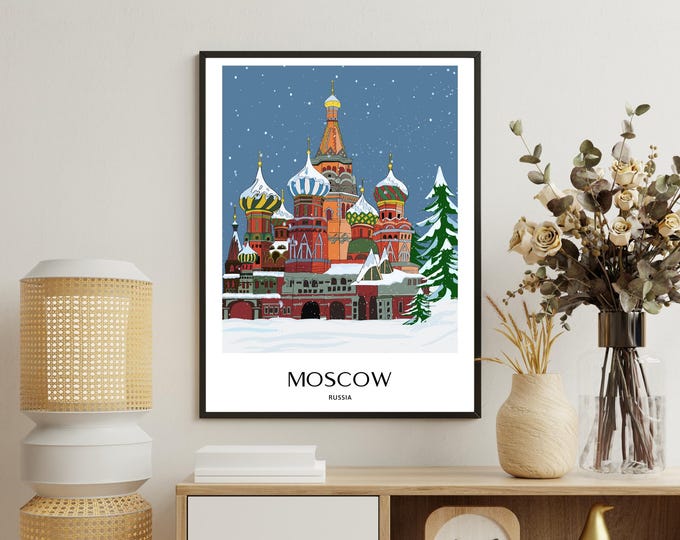 Moscow Winter Illustration , Snowy City Travel Poster, Cozy Wall Art, Digital Download
