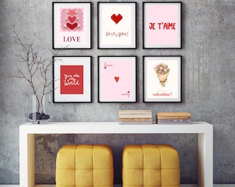 Valendines Day Art, Print Love Set, Pink Red Romantic Decor (Digital Printable)