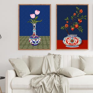 Pink Tulip Wall Art, Hand Drawn Ottoman Vase Print, Turkish Floral Illustration, Maximalist Flower Art image 4