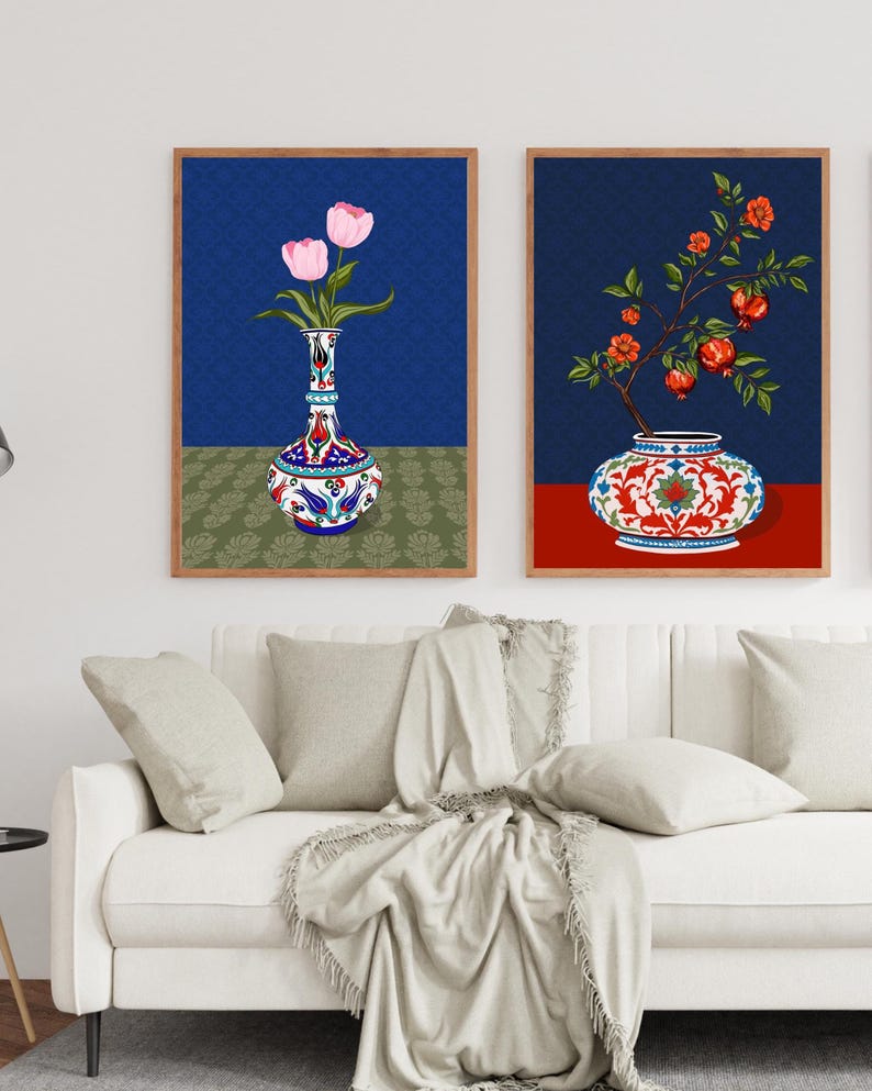 Pink Tulip Wall Art, Hand Drawn Ottoman Vase Print, Turkish Floral Illustration, Maximalist Flower Art image 4
