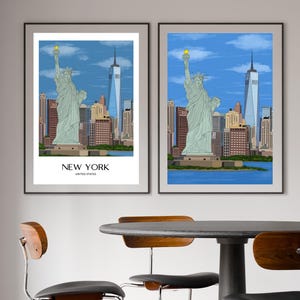 New York Wall Art, Hand Drawn NYC Skyline and Statue of Liberty Print, New York City Travel Poster imagen 4