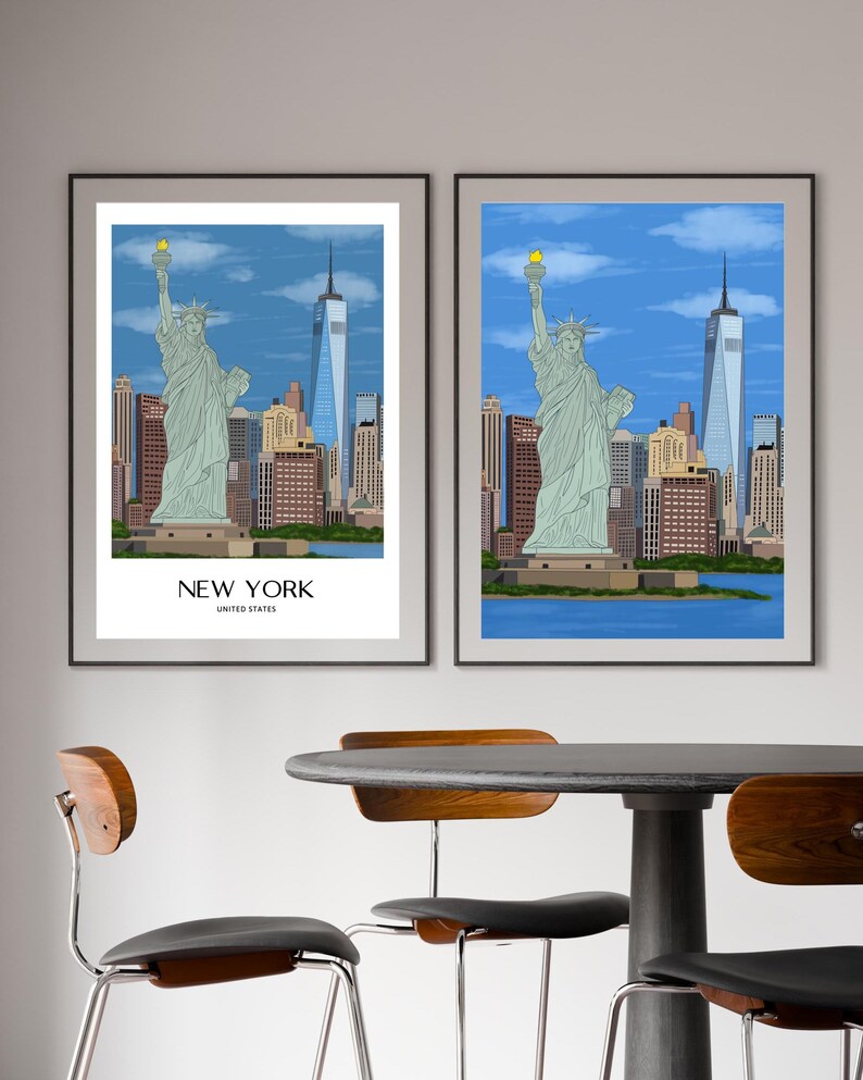 New York Wall Art, Hand Drawn NYC Skyline and Statue of Liberty Print, New York City Travel Poster imagen 4