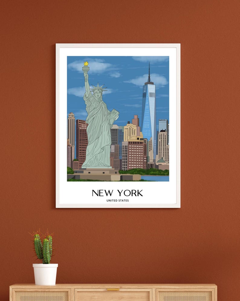 New York Wall Art, Hand Drawn NYC Skyline and Statue of Liberty Print, New York City Travel Poster imagen 5