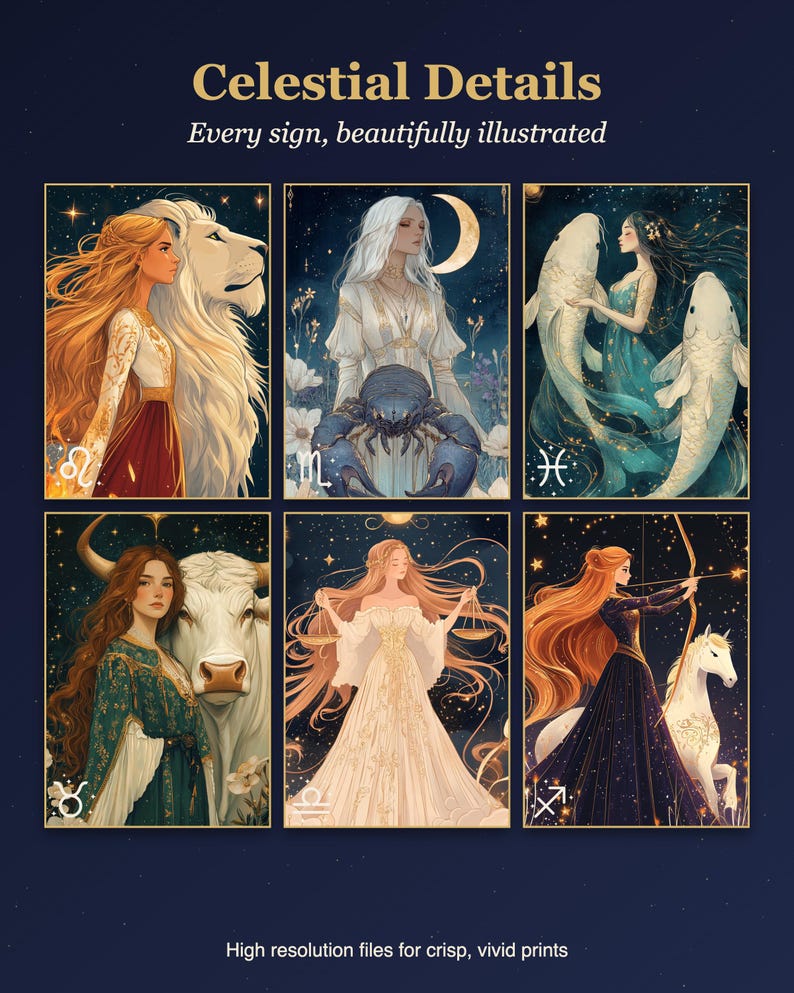 Wandbild-Set mit 12 Sternzeichen, Astrologie-Drucke im Set, Sternzeichen-Poster zum Ausdrucken, Astrologie-Geschenk Bild 2