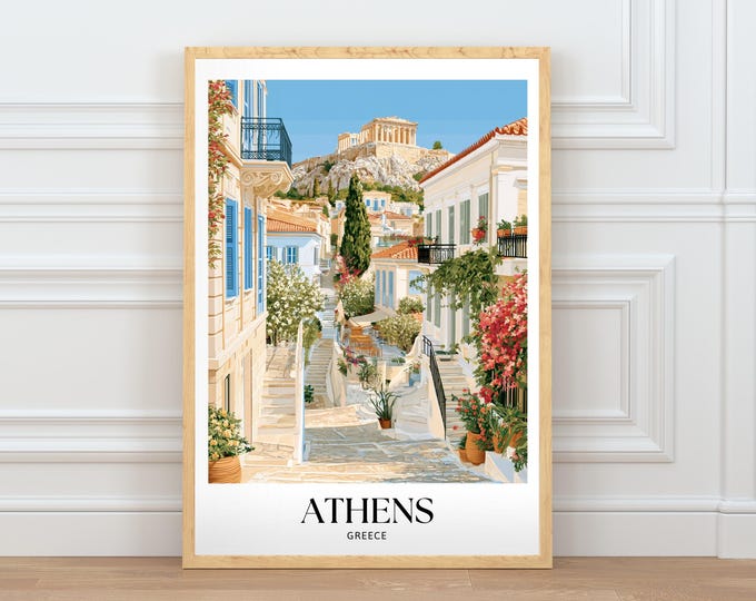 Athens Greece Travel Poster, Iconic City Wall Art, European Architecture Illustration, Home Decor Digital Download