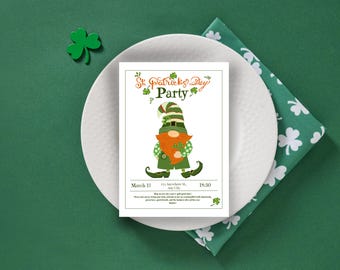 Gnome Leprechaun St Patrick's Day Party Invitation - Editable Canva Template (Digital Download)