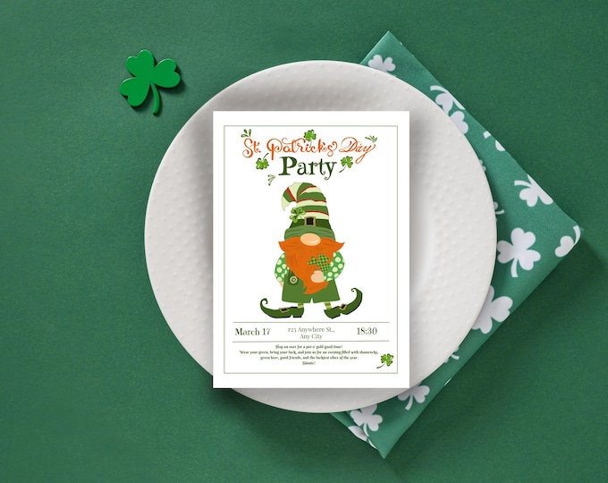Gnome Leprechaun St Patrick's Day Party Invitation - Editable Canva Template (Digital Download)