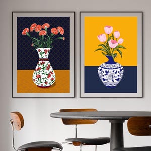 Carnation Wall Art, Hand Drawn Ottoman Vase Print, Turkish Floral Folk Art, Botanical Illustration image 3