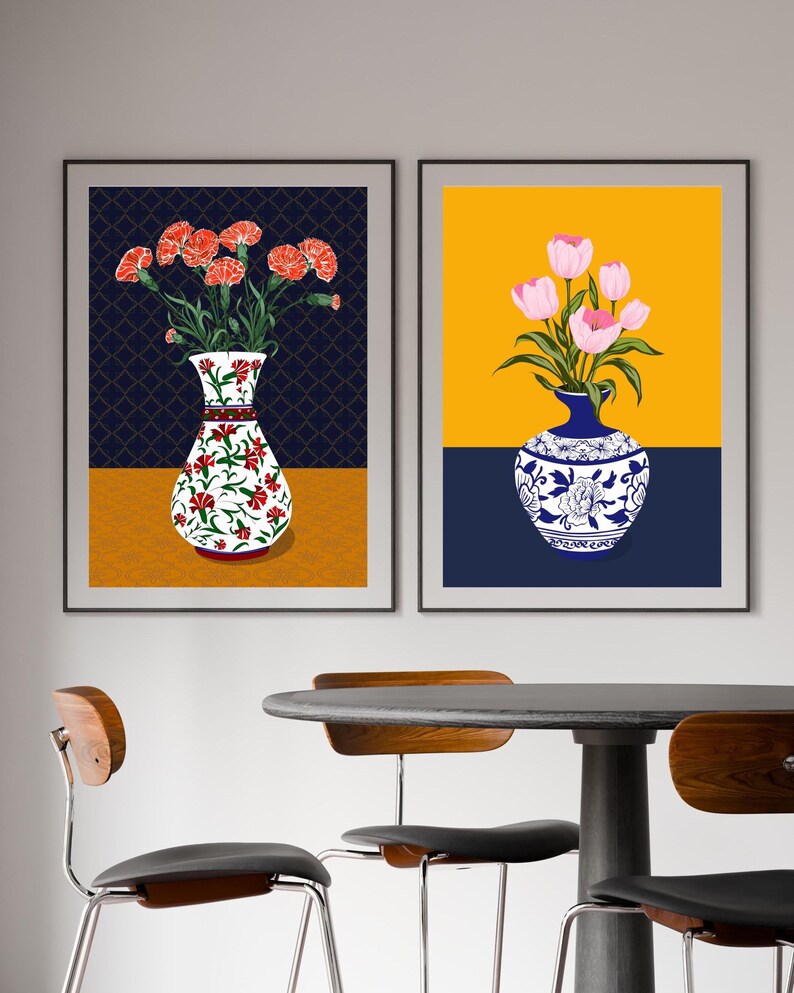 Carnation Wall Art, Hand Drawn Ottoman Vase Print, Turkish Floral Folk Art, Botanical Illustration image 3