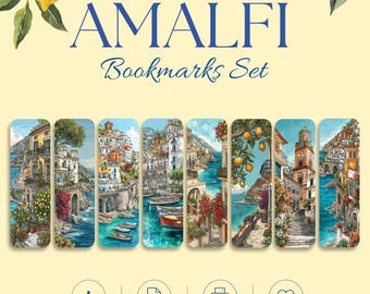 Amalfi Coast Printable Bookmarks, 8 Italy Travel Bookmark Set, Book Lover Gift, Instant Download