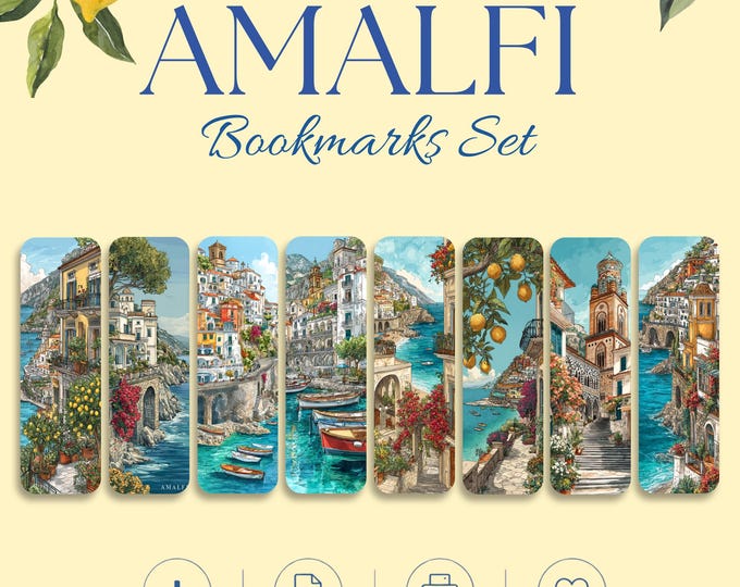 Amalfi Coast Printable Bookmarks, 8 Italy Travel Bookmark Set, Book Lover Gift, Instant Download