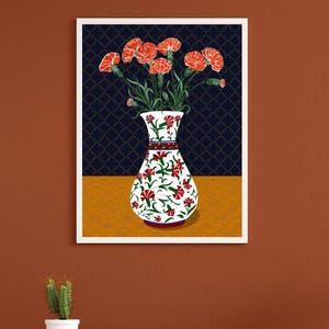Carnation Wall Art, Hand Drawn Ottoman Vase Print, Turkish Floral Folk Art, Botanical Illustration image 5