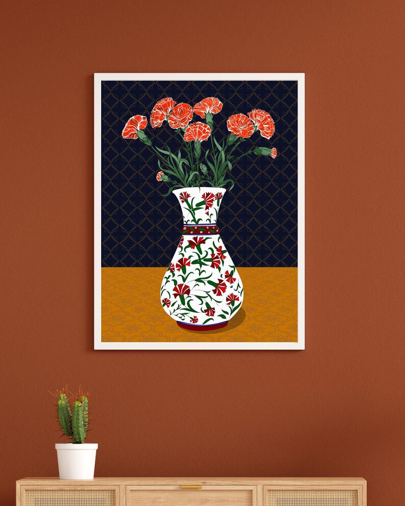 Carnation Wall Art, Hand Drawn Ottoman Vase Print, Turkish Floral Folk Art, Botanical Illustration image 5