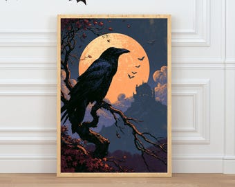 Raven Wall Art, Gothic Castle Printable, Dark Academia Decor, Vintage Halloween Print, Moonlit Crow Art