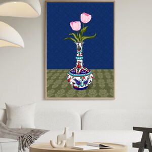 Tulip Vase Wall Art Set of 2, Hand Drawn Turkish Floral Prints, Ottoman Folk Art, Gallery Wall Set image 7