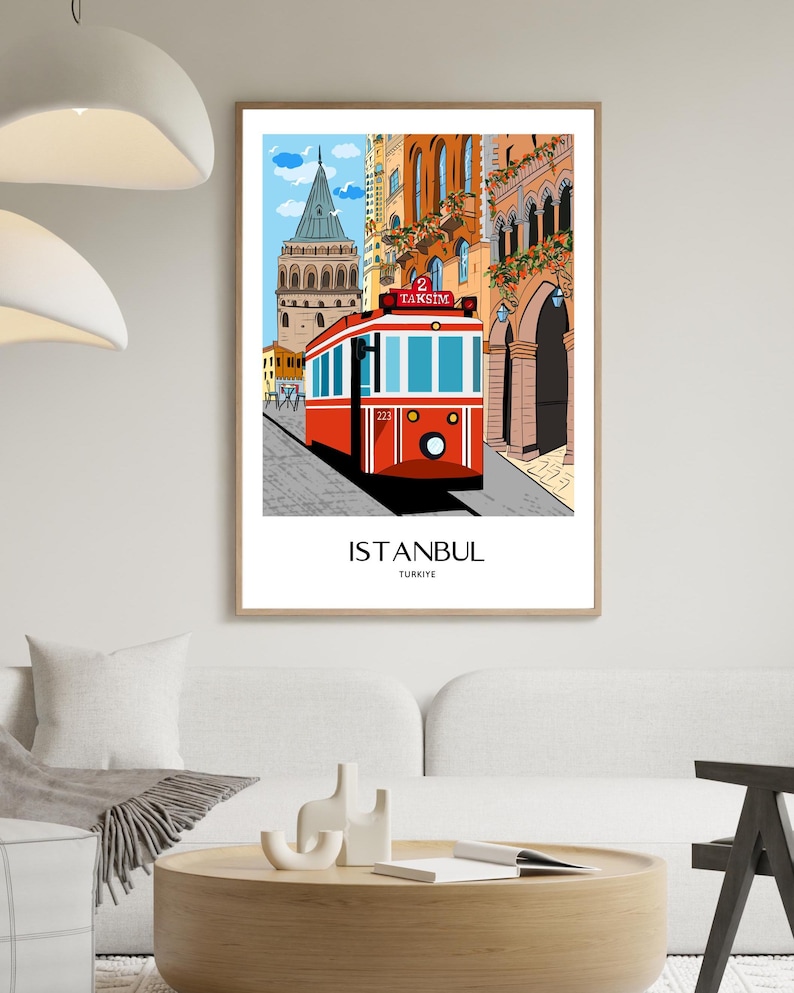 Istanbul Wall Art, Hand Drawn Red Tram and Galata Tower Print, Turkey Travel Poster, Printable City Art 画像 10