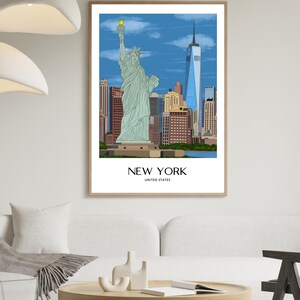 New York Wall Art, Hand Drawn NYC Skyline and Statue of Liberty Print, New York City Travel Poster imagen 10
