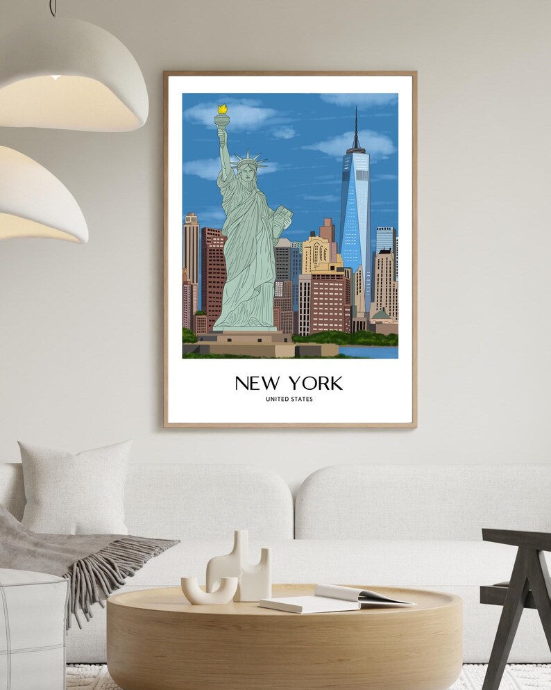 New York Wall Art, Hand Drawn NYC Skyline and Statue of Liberty Print, New York City Travel Poster imagen 10
