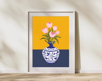 Pink Tulip Vase Art Print, Coquette Girly Aesthetic Dorm Room Decor Printable Digital Download