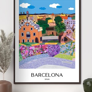 Barcelona Wall Art, Hand Drawn Park Guell Print, Gaudi Architecture, Spain Travel Poster bild 8