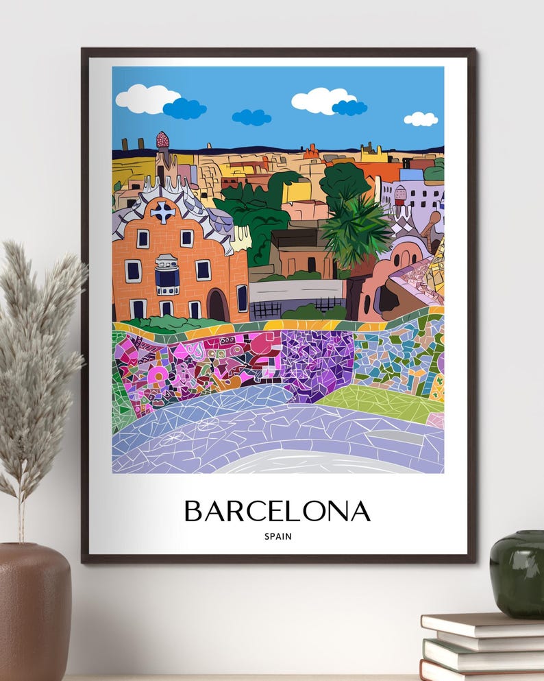 Barcelona Wall Art, Hand Drawn Park Guell Print, Gaudi Architecture, Spain Travel Poster bild 8