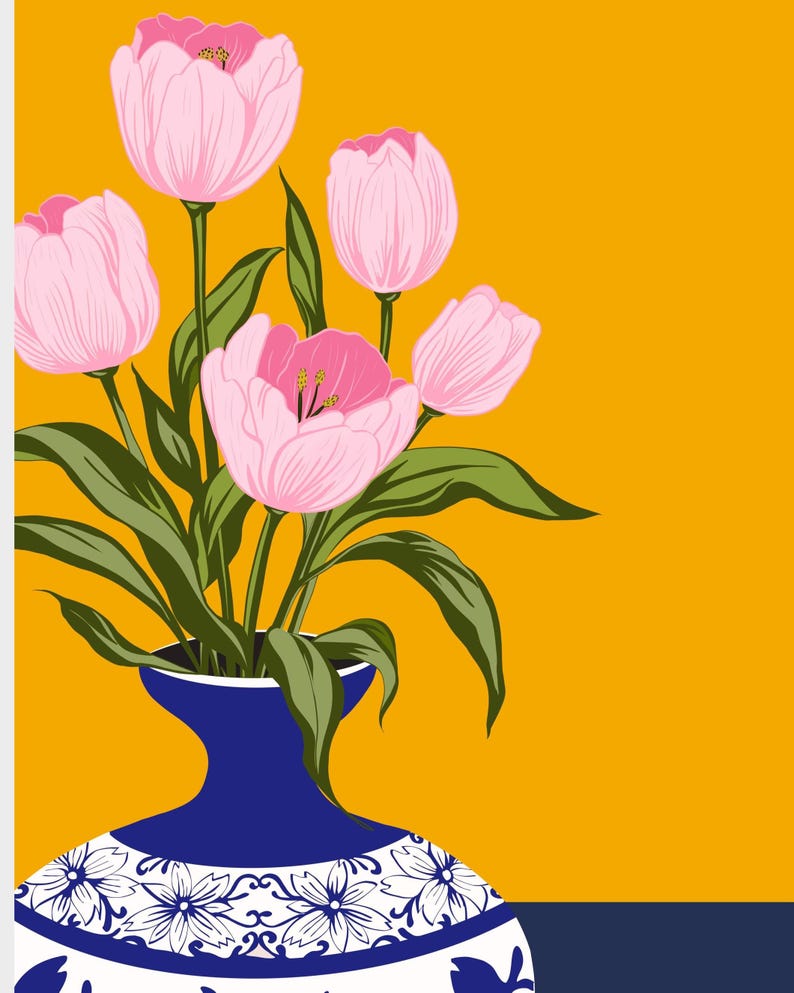 Tulip Vase Wall Art Set of 2, Hand Drawn Turkish Floral Prints, Ottoman Folk Art, Gallery Wall Set image 3