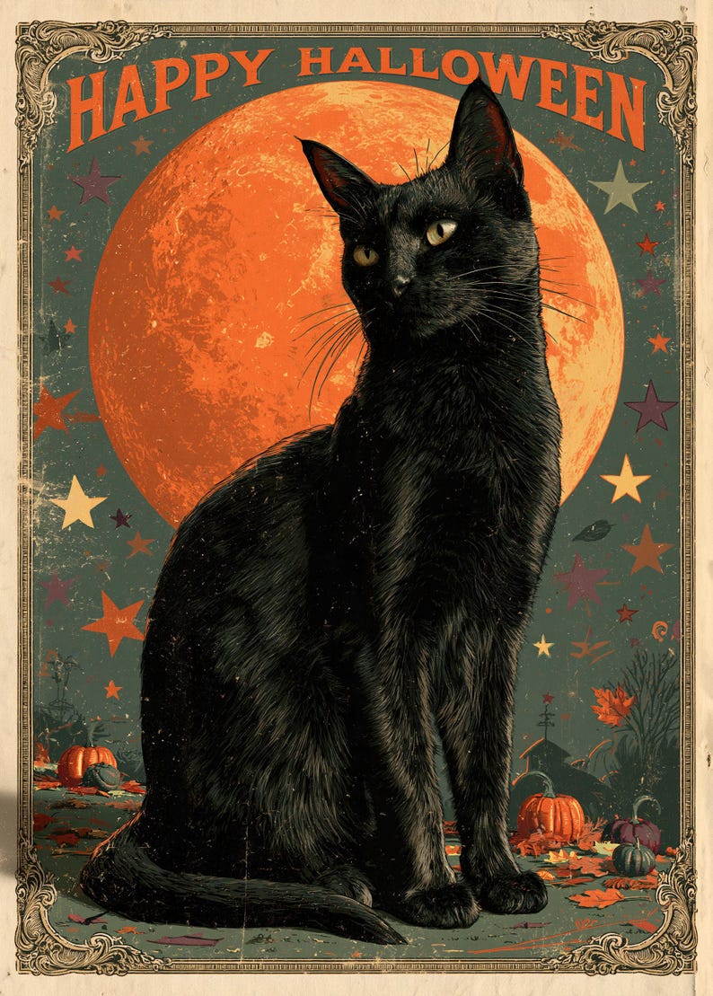 Pode incluir: Um cartaz de estilo vintage com um gato preto sentado em frente a uma grande lua cheia laranja. O texto HAPPY HALLOWEEN est&aacute; impresso no topo. O fundo inclui estrelas espalhadas, ab&oacute;boras laranja e folhas de outono num ambiente verde escuro.
