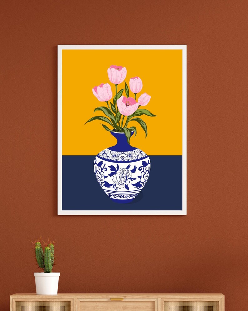 Tulip Vase Wall Art Set of 2, Hand Drawn Turkish Floral Prints, Ottoman Folk Art, Gallery Wall Set image 6