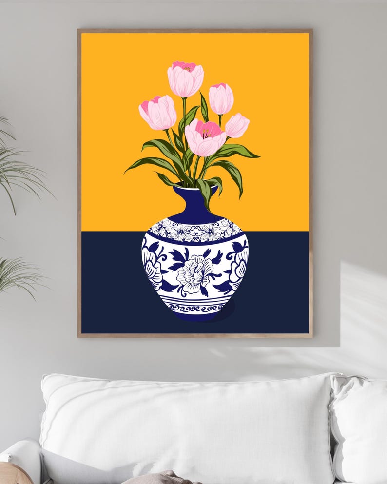 Handgetekende tulpen in een Turkse vaas, Ottomaanse bloemenkunstprint voor aan de muur. afbeelding 12