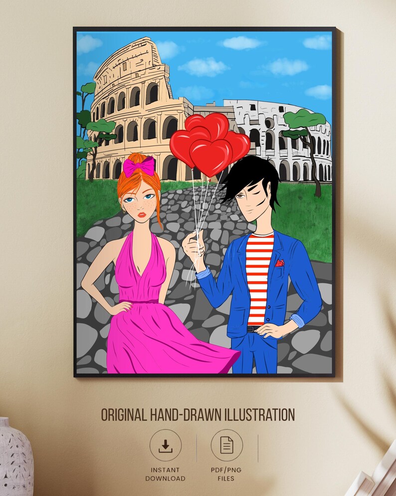 Rome Wall Art, Hand Drawn Colosseum Print, Italy Travel Poster, Printable Roman City Illustration image 2