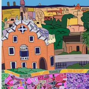 Barcelona Wall Art, Hand Drawn Park Guell Print, Gaudi Architecture, Spain Travel Poster bild 3