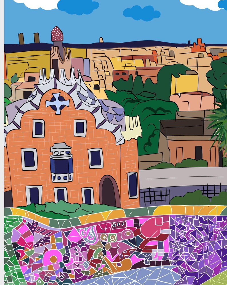 Barcelona Wall Art, Hand Drawn Park Guell Print, Gaudi Architecture, Spain Travel Poster bild 3
