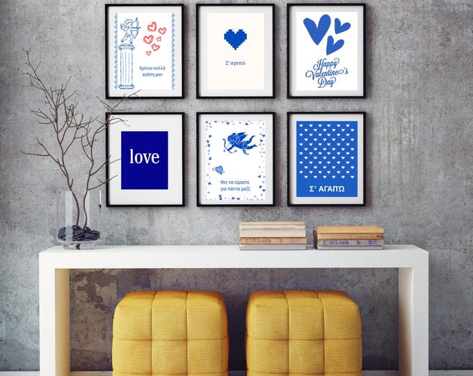 Greek Style Valentine's Day Digital Wall Art Set, Blue and White Romantic