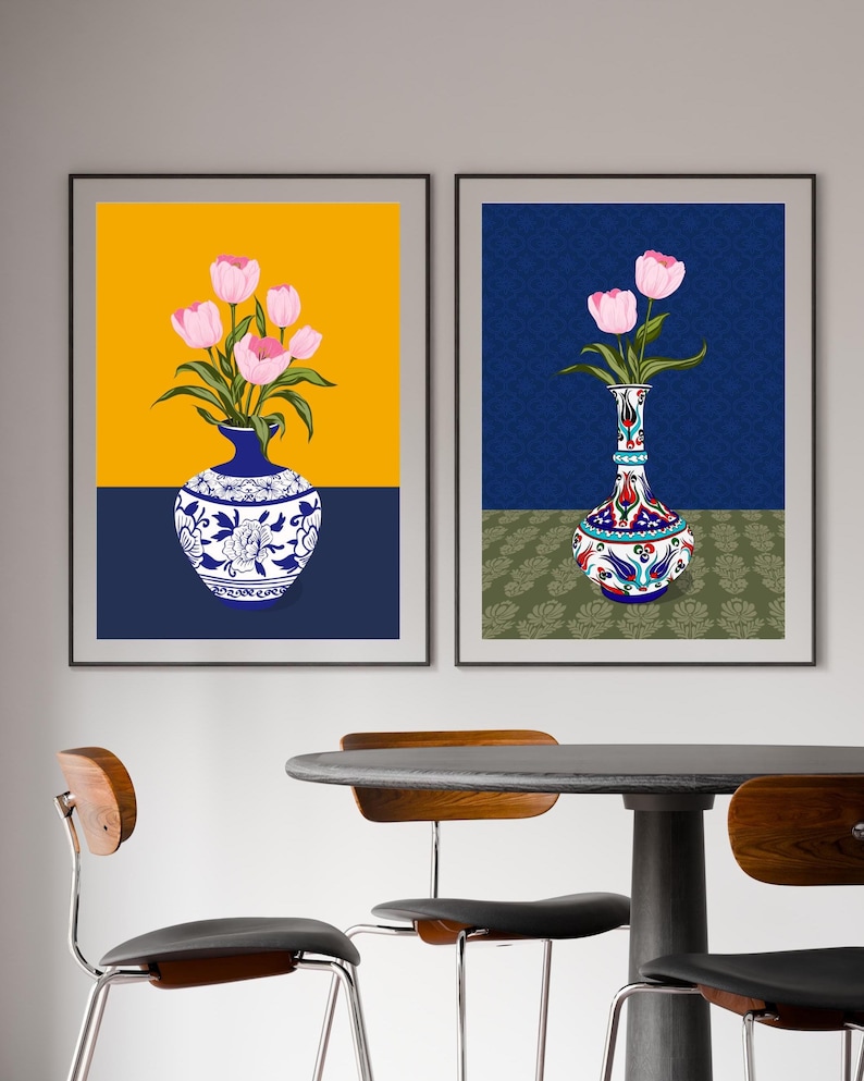 Tulip Vase Wall Art Set of 2, Hand Drawn Turkish Floral Prints, Ottoman Folk Art, Gallery Wall Set image 1
